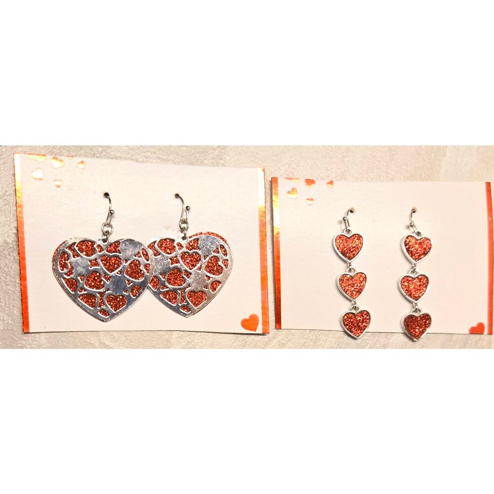 Pair of Silver Tone Red Sparkle Heart Dangle Drop Earrings Valentines 2 inches